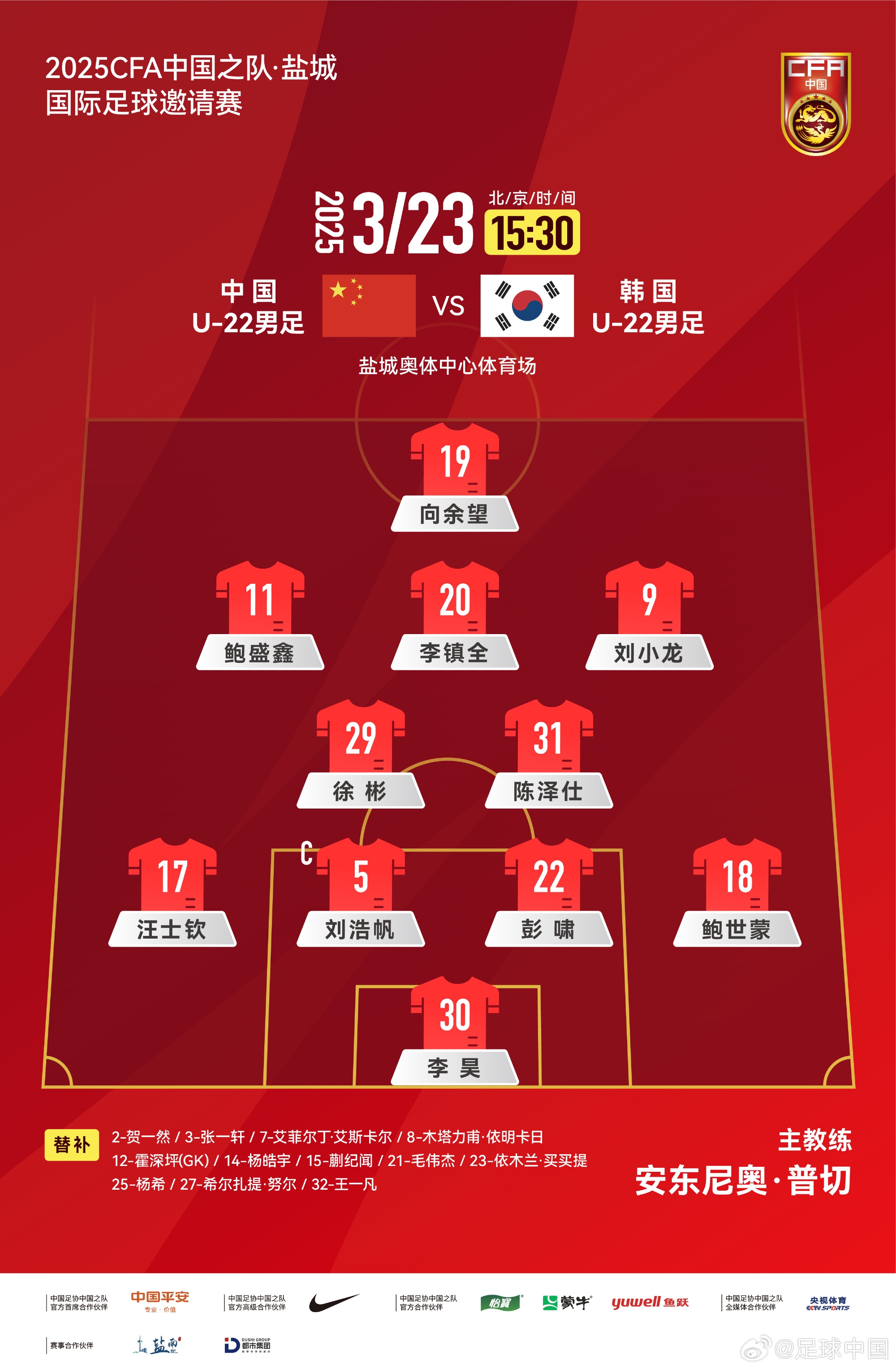 鹽城四國賽，中國U-22男足對(duì)陣韓國U-22男足，中國隊(duì)首發(fā)陣容